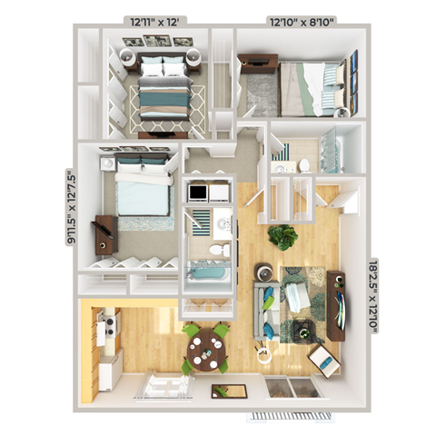 Floor plan for 3 beds, 2 baths, 1050 sqft